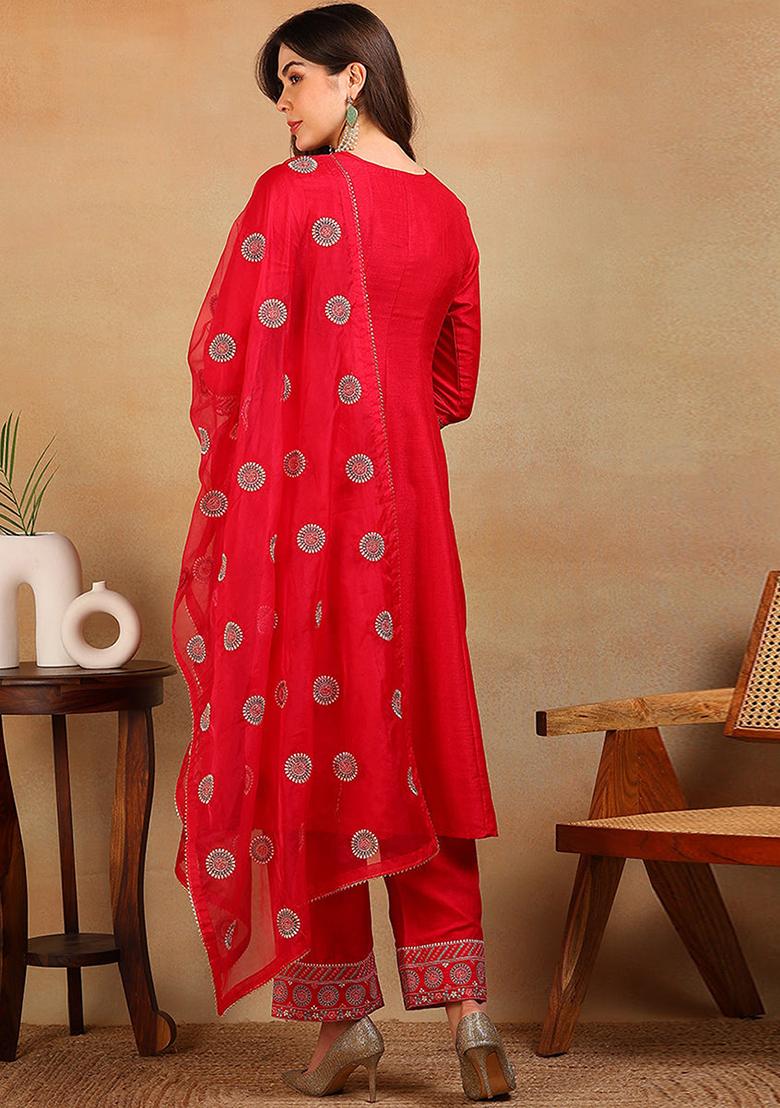 Red Embroidered Silk Blend Kurta Set