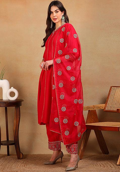 Red Embroidered Silk Blend Kurta Set
