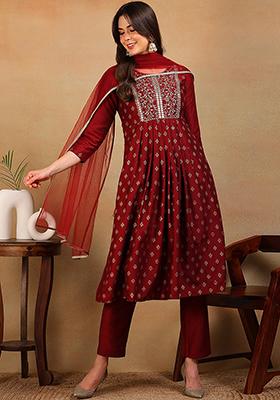 Maroon Woven Silk Blend Kurta Set