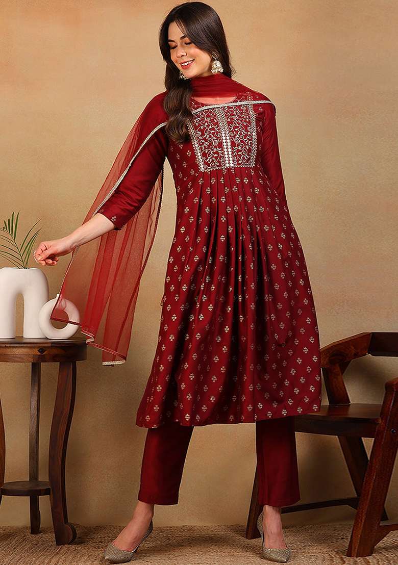 Maroon Printed Silk Blend A Line Kurta Set - Indya