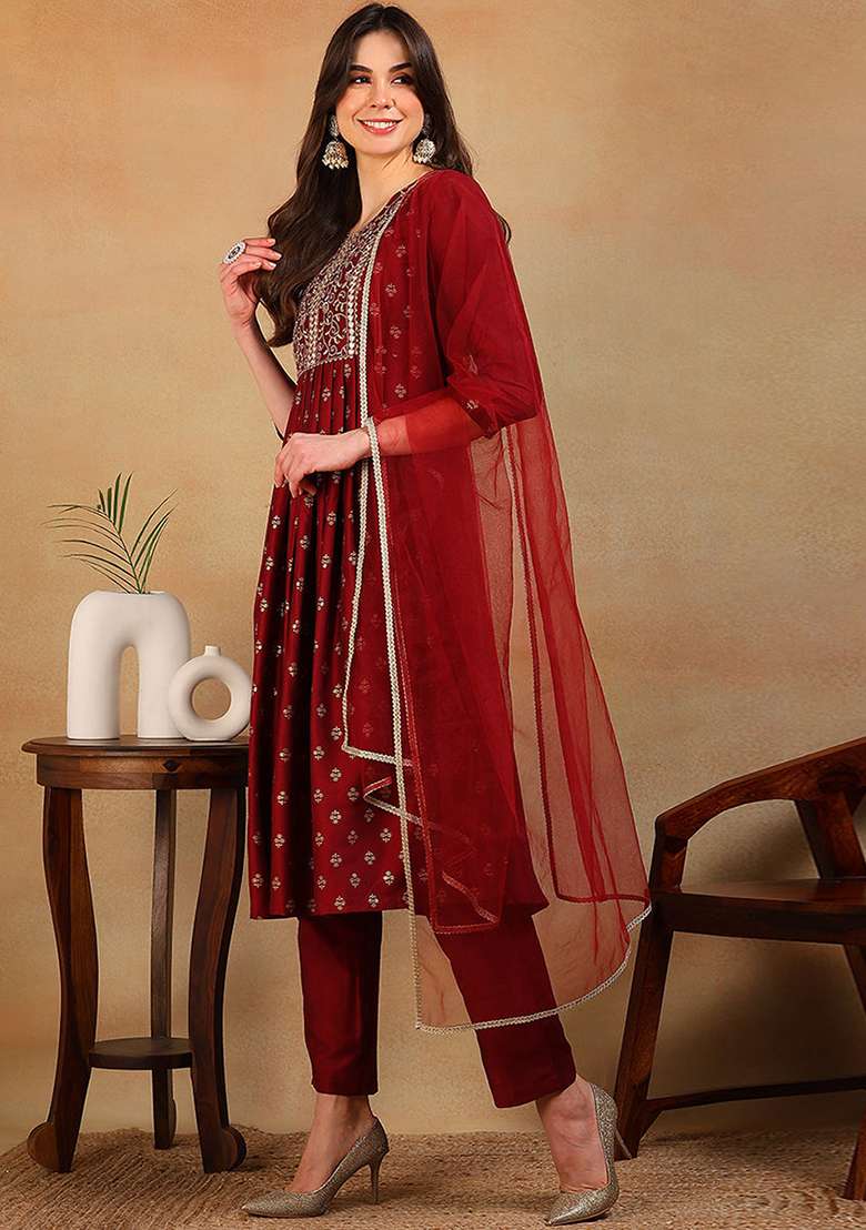 Maroon Printed Silk Blend A Line Kurta Set - Indya