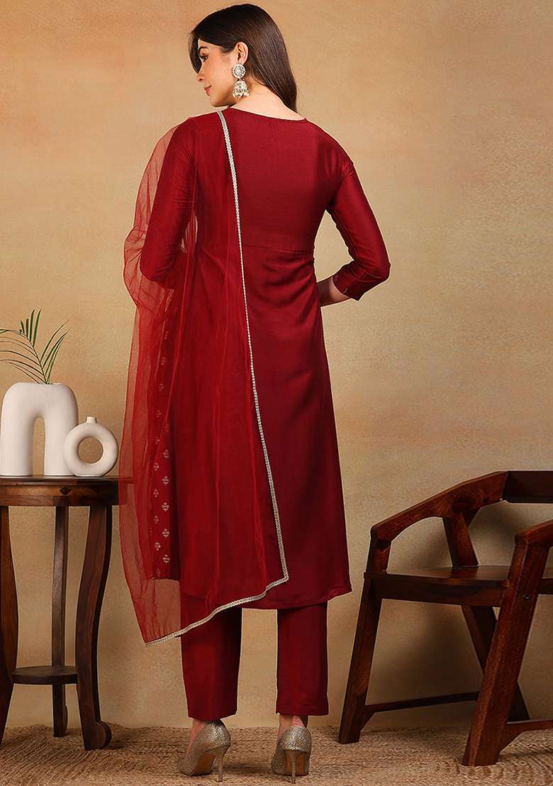 Maroon Printed Silk Blend A Line Kurta Set - Indya
