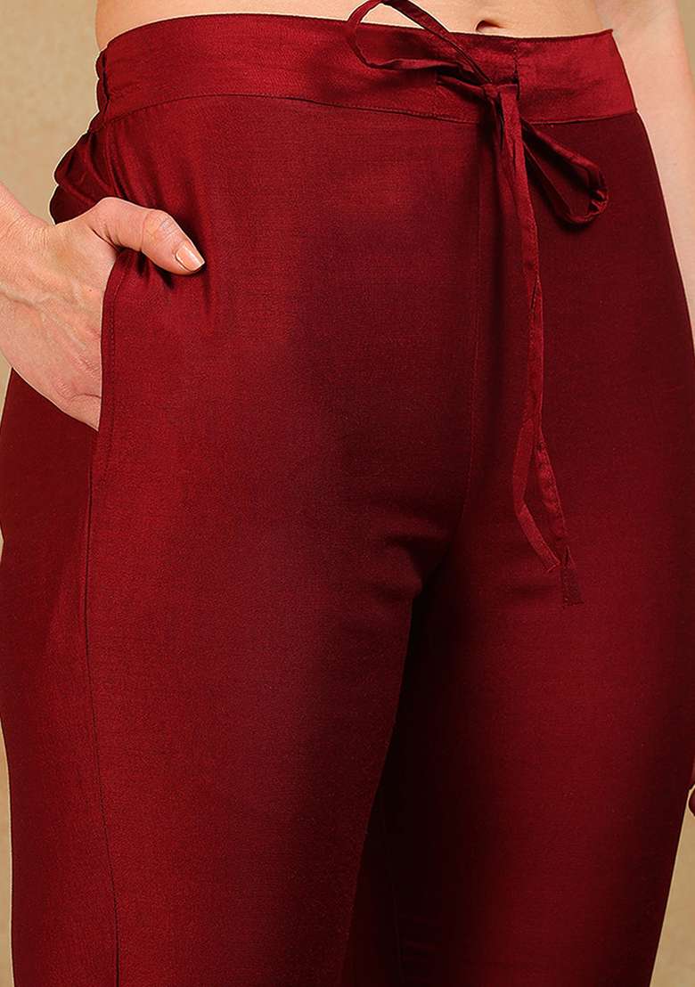 Maroon Printed Silk Blend A Line Kurta Set - Indya