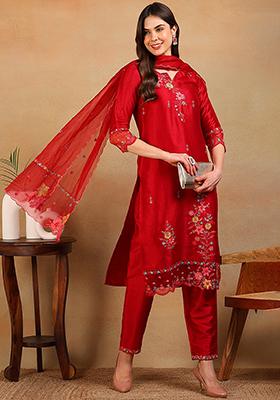 Red Embroidered Silk Blend Kurta Set