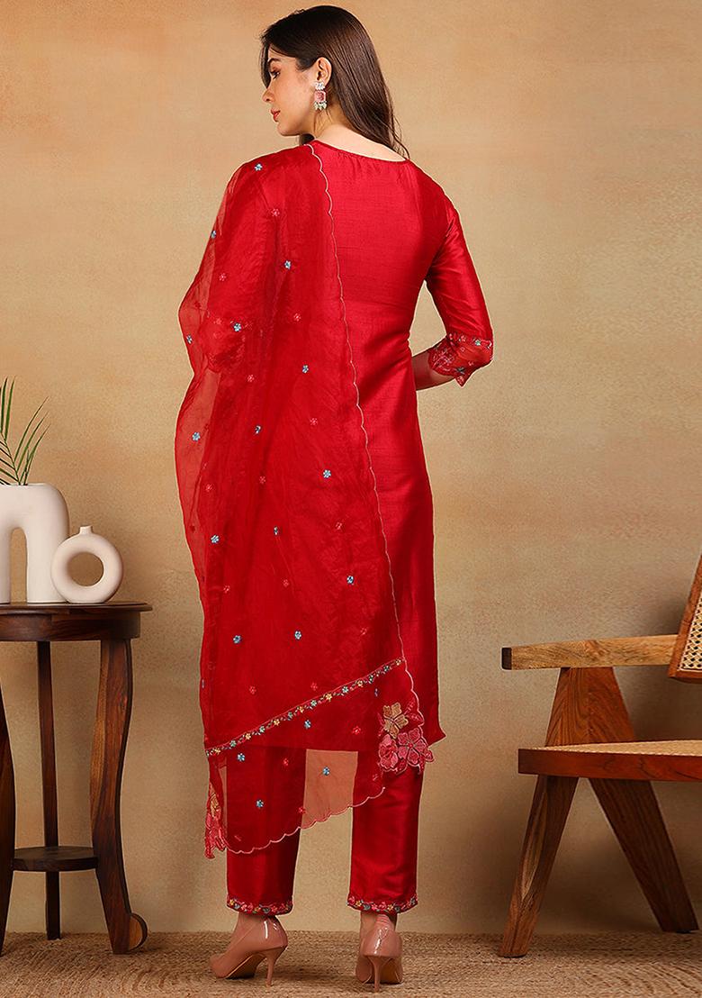 Red Embroidered Silk Blend Kurta Set