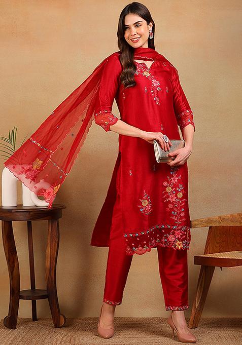 Red Embroidered Blended Straight Kurta Set