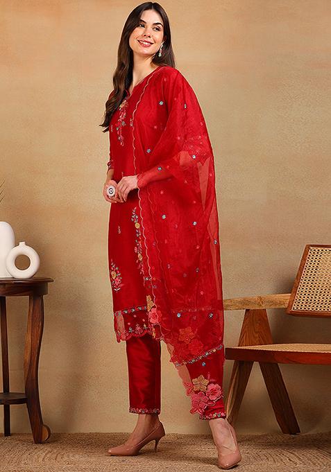 Red Embroidered Silk Blend Kurta Set