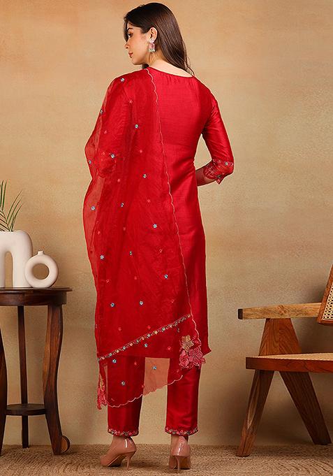 Red Embroidered Silk Blend Kurta Set