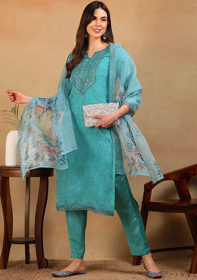 Turquoise Blue Embroidered Organza Straight Kurta Set - Indya