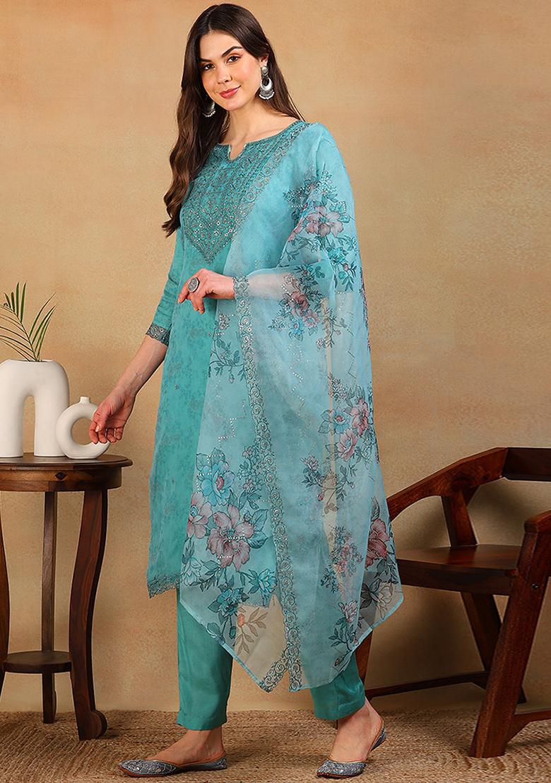 Turquoise Blue Embroidered Organza Kurta Set