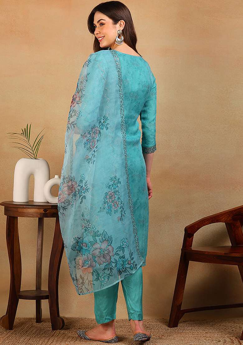 Turquoise Blue Embroidered Organza Straight Kurta Set - Indya