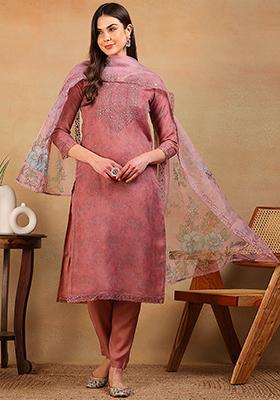 Mauve Embroidered Organza Kurta Set