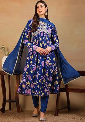 Blue Printed Poly Georgette Kurta Set
