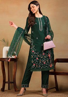 Olive Green Embroidered Silk Blend Kurta Set