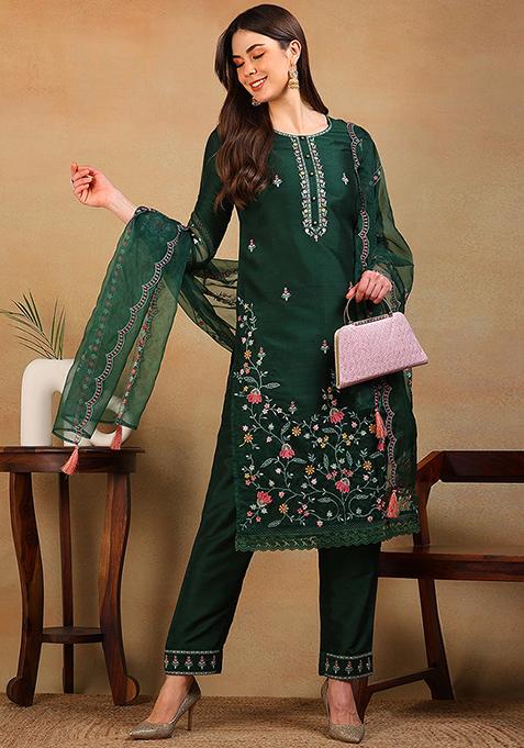 Olive Green Embroidered Silk Straight Kurta Set
