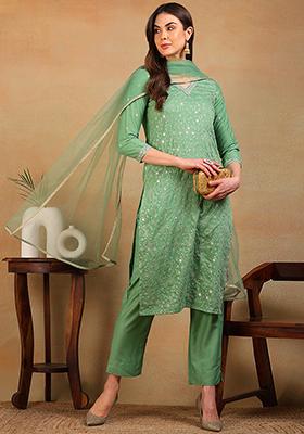 Green Embroidered Silk Blend Kurta Set