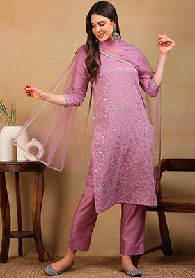 Lavender Embroidered Silk Blend Kurta Set