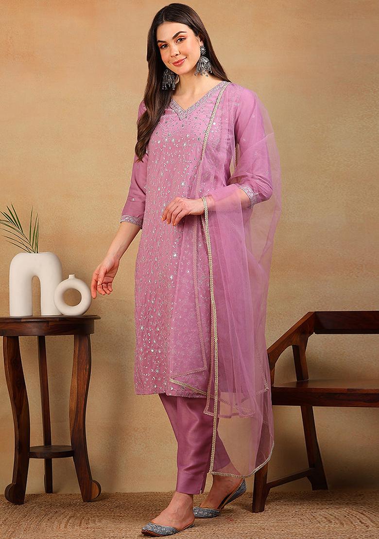 Lavender Embroidered Silk Blend Kurta Set