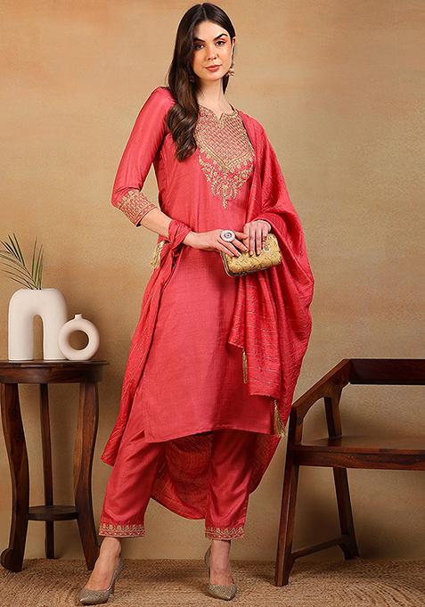 Rust Embroidered Silk Blend Kurta Set