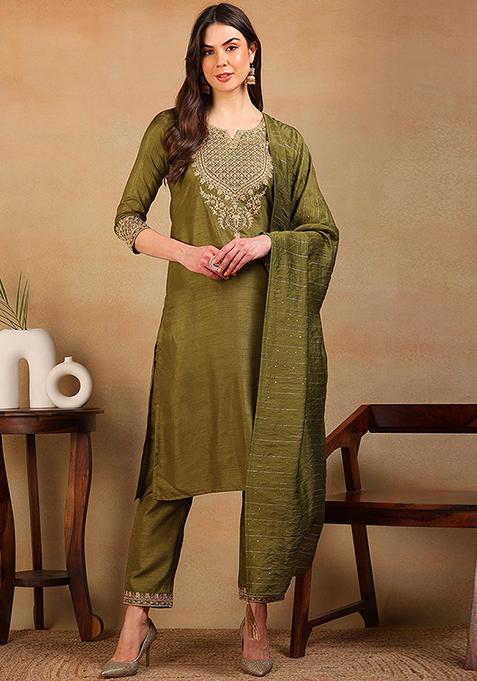 Olive Green Embroidered Silk Blend Kurta Set