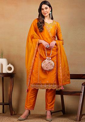 Mustard Yellow Embroidered Silk Blend Kurta Set