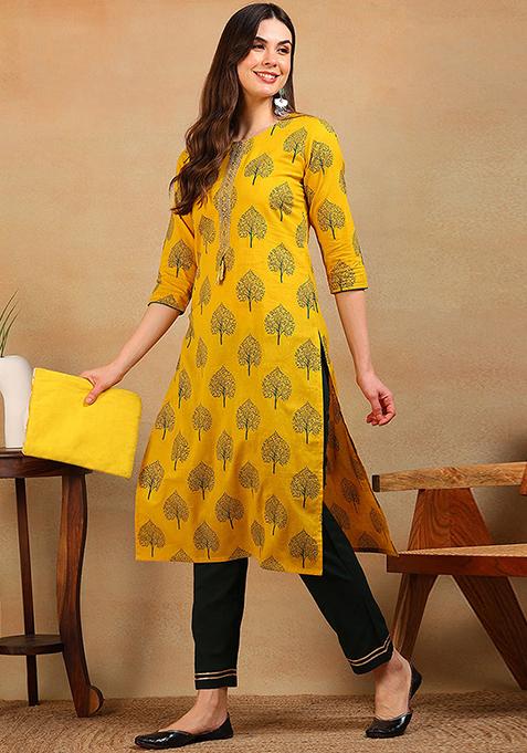 Yellow Printed Cotton Blend Kurta