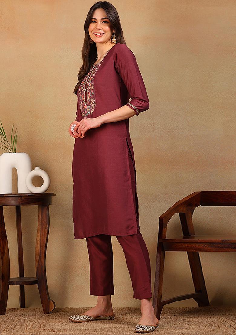 Mauve Embroidered Silk Blend Kurta
