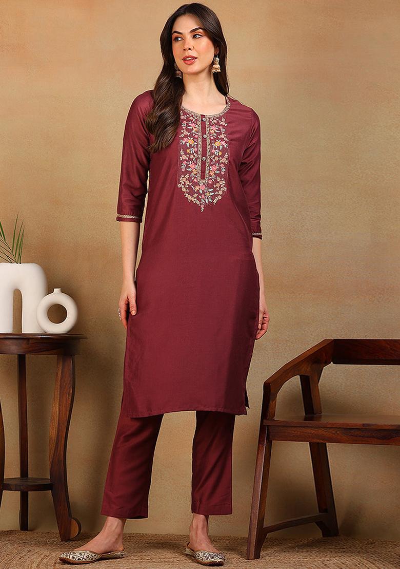 Mauve Embroidered Silk Blend Kurta