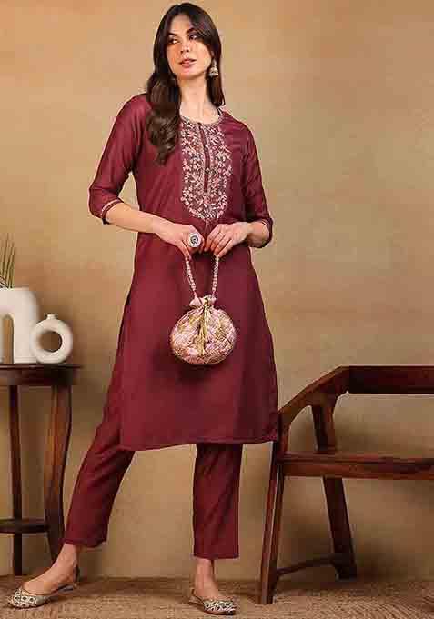 Mauve Embroidered Silk Blend Kurta