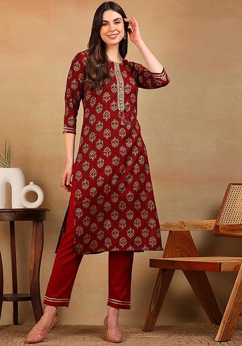 Maroon Printed Cotton Blend Kurta