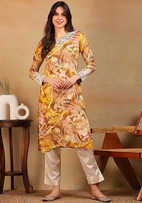 Mustard Printed Viscose Rayon Kurta