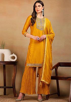 Yellow Embroidered Silk Blend Kurta Set