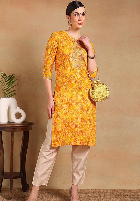 Yellow Printed Viscose Rayon Kurta