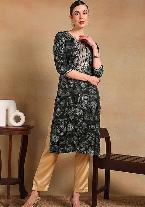 Green Printed Silk Blend Kurta