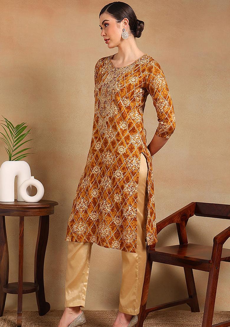 Orange Printed Viscose Rayon Kurta