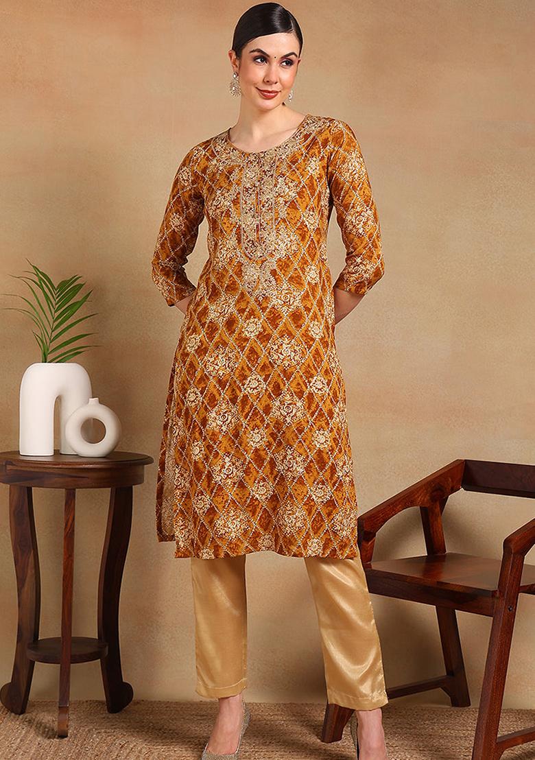Orange Printed Viscose Rayon Kurta