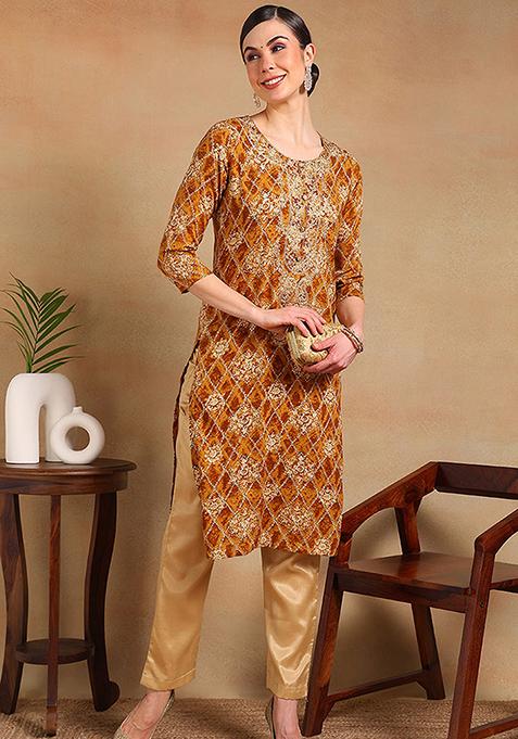 Orange Printed Viscose Rayon Kurta