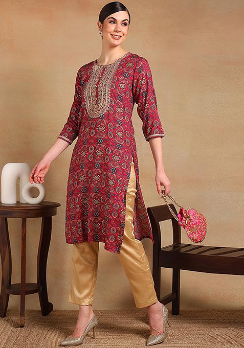 Pink Printed Viscose Rayon Kurta