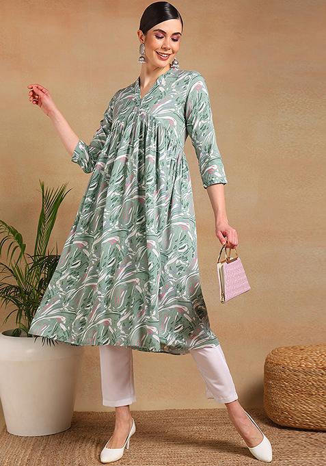 Green Printed Viscose Rayon Kurta