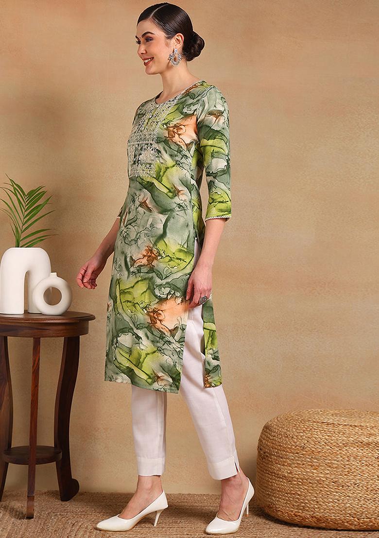 Green Printed Cotton Blend Kurta