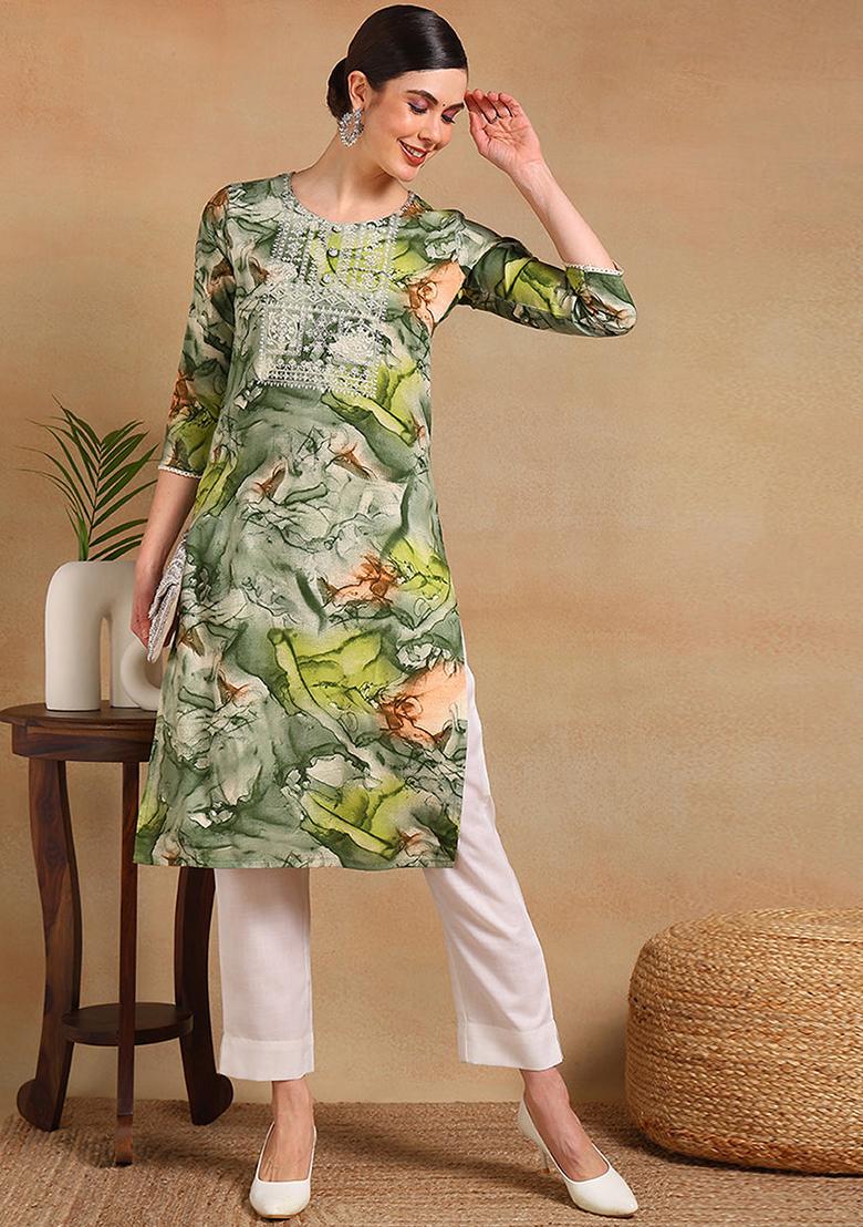 Green Printed Cotton Blend Kurta