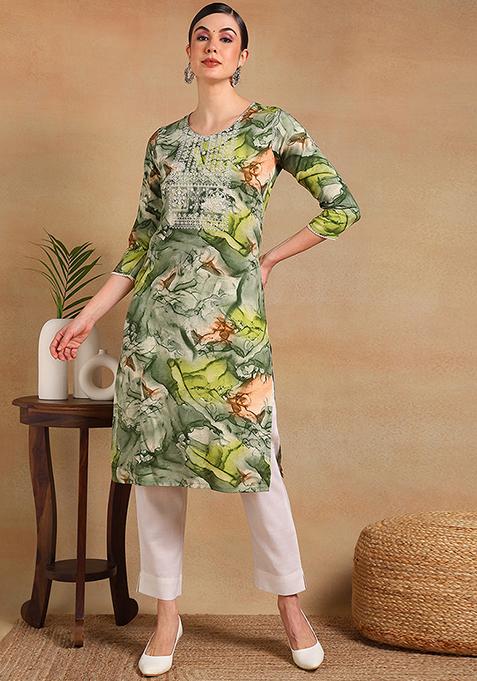 Green Printed Cotton Blend Kurta