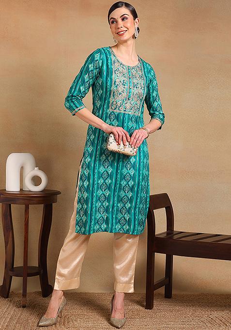 Blue Printed Viscose Rayon Kurta