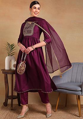 Purple Yoke Design Silk Blend Kurta Set