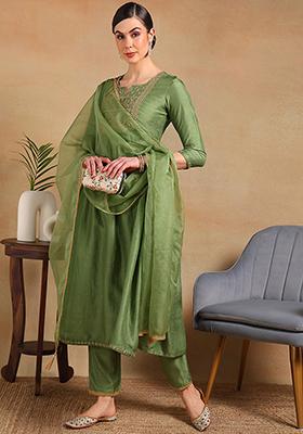 Green Yoke Design Silk Blend Kurta Set
