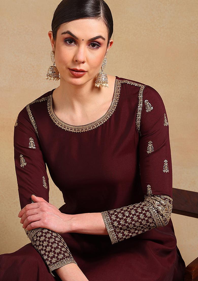 Burgundy Embroidered Silk Blend Kurta Set