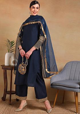 Teal Embroidered Silk Blend Kurta Set