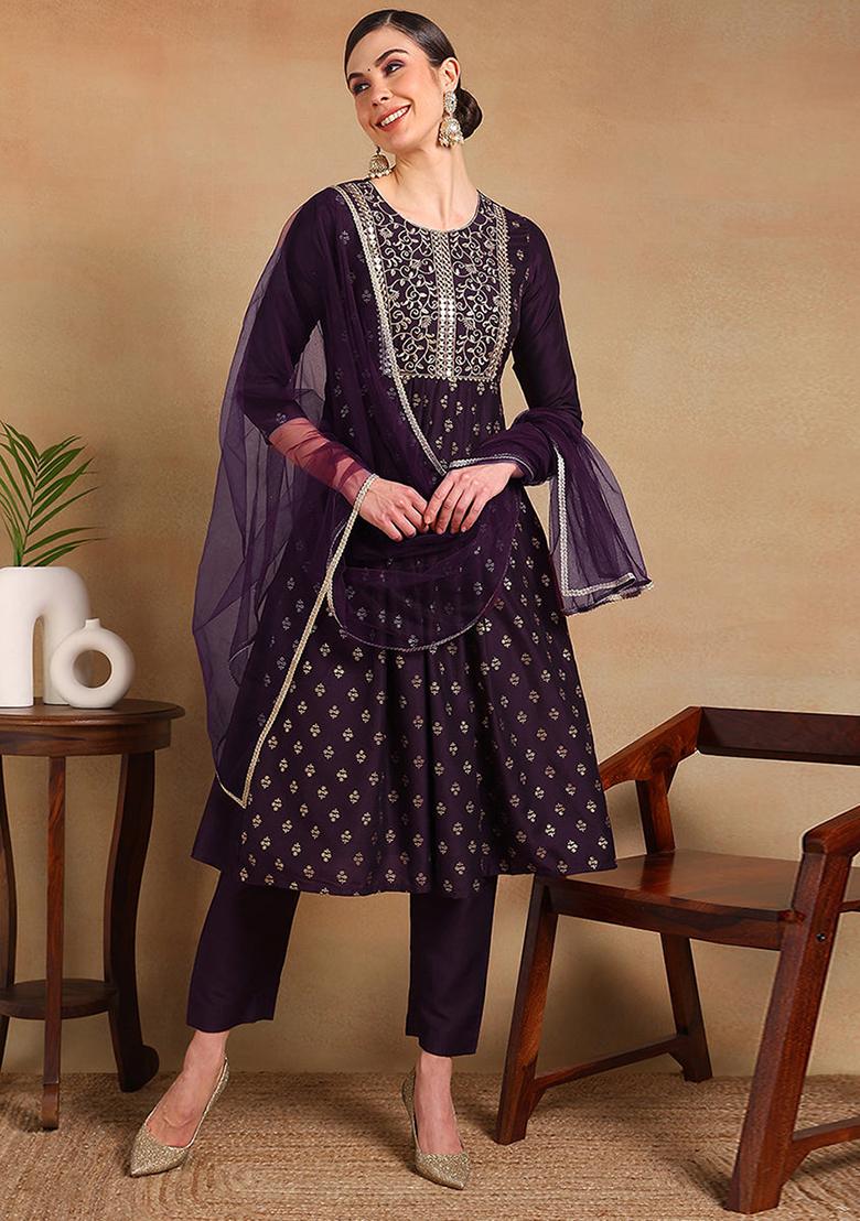 Purple Woven Silk Blend Kurta Set