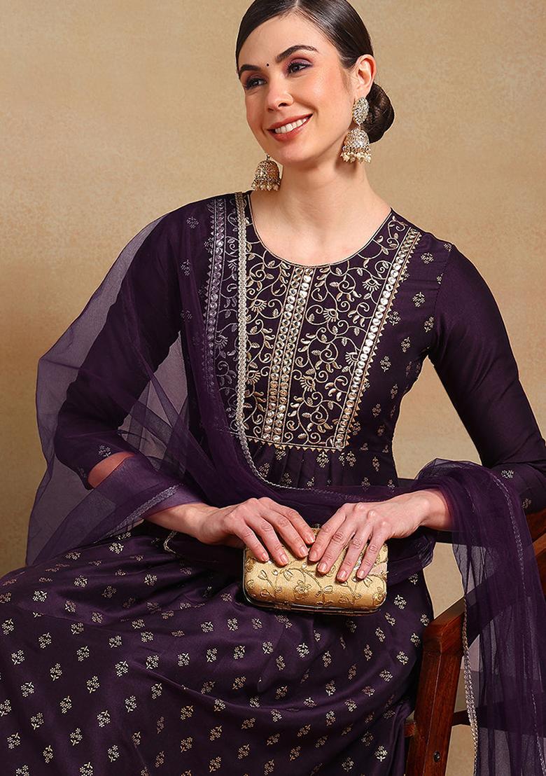 Purple Woven Silk Blend Kurta Set