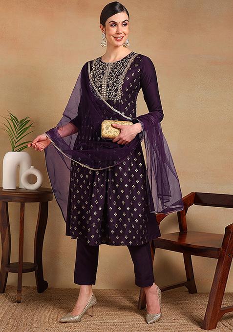 Purple Woven Silk Blend Kurta Set